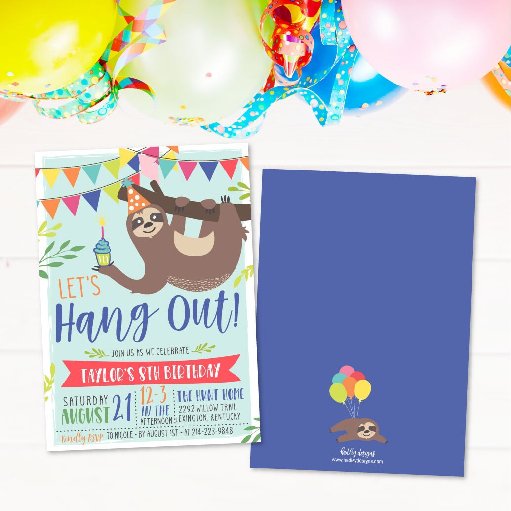 Sloth Kids Party Invitation Template Kids Birthday Invites | Etsy