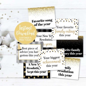 May include: Printable New Year's Eve game cards with gold glitter and black and white polka dots. The cards feature prompts like "Favorite song of the year" and "Your biggest achievement this year".