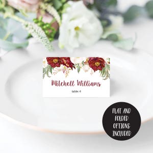 Marsala Wedding Place Card Template, Elegant Red Floral & Greenery Printable Name Place Card, Editable Text Cards , DIY Wedding PDF