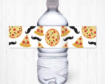May include: Water bottle label with a white background and a repeating pattern of pizza slices and black mustaches.