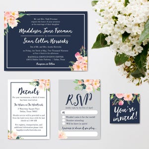 Navy Blue and Blush Floral Wedding Invitation Suite, Online Wedding Invite Template, Affordable Wedding Invitation Package, Hadley Designs image 5