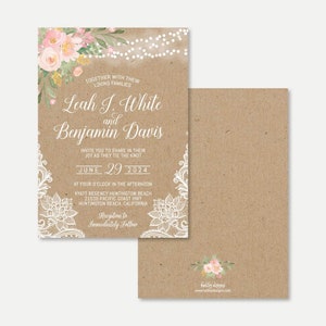 Modèle d’invitation de mariage rustique en dentelle Kraft florale - Invitation de mariage Boho, Invitation rustique, Modèle d’invitations imprimables