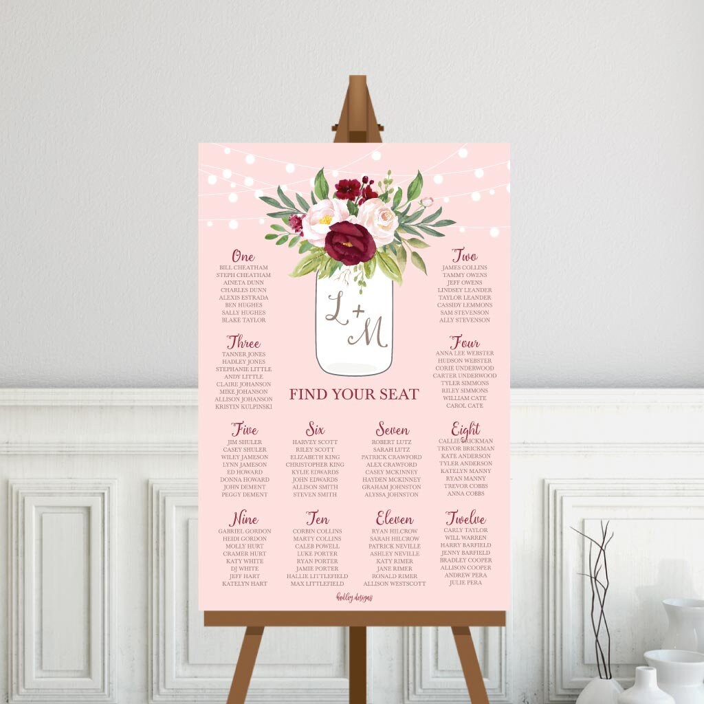 Mason Jar Rustic Burgundy Blush Wedding Seating Chart Sign | Etsy