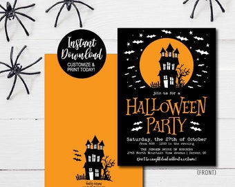 May include: Printable Halloween party invitation with a black and orange color scheme. The invitation features a silhouette of a haunted house in front of a full moon with bats flying around it. The text reads "Join us for a Halloween Party" and includes the date, time, and location of the party. The back of the invitation features a smaller silhouette of the haunted house on an orange background.