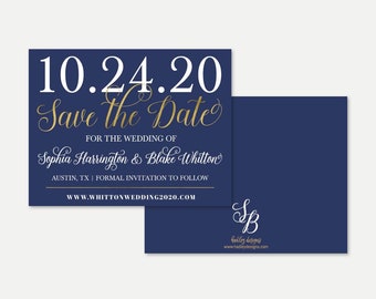 Modèle de réservation de date de mariage avec bordure en or bleu marine élégant - Modèle de réservation de date avec photo, carte de réservation de mariage en ligne pas cher