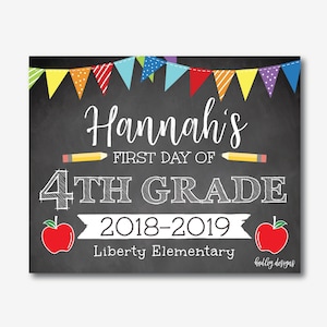 Może przedstawiać: Tablica z czarnej tablicy z kolorową wstążką u g&oacute;ry, ogłaszająca "Hannah's First Day of 4th Grade 2018-2019 Liberty Elementary". Tablica jest ozdobiona czerwonymi jabłkami i oł&oacute;wkami.