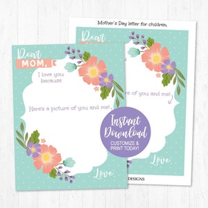 Tarjeta imprimible del Día de las Madres de los niños, complete el regalo en blanco para la plantilla de carta de mamá, nota floral editable para la abuela Nana, bricolaje personalizado