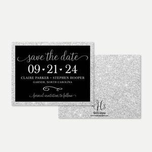 May include: Black and silver save the date card with the text "save the date" in cursive script, the date "09.21.24", the names "Claire Parker + Stephen Hooper", the location "Garner, North Carolina", and the phrase "formal invitation to follow".