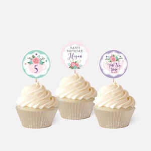 Tea Kids Party Cupcake Topper Template - Name Cupcake Toppers, Printable Cupcake Topper Birthday, Custom Cupcake Toppers Editable, Digital