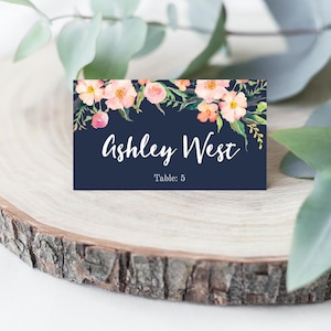 Navy Blue and Blush Floral Wedding Place Card Flat and Tented, Hadley Designs, Place Card Wedding Reception, Wedding Place Card Calligraphy
