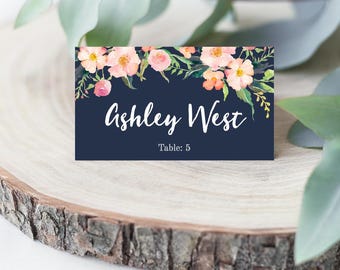 Navy Blue and Blush Floral Wedding Place Card Flat and Tented, Hadley Designs, Place Card Wedding Reception, Wedding Place Card Calligraphy