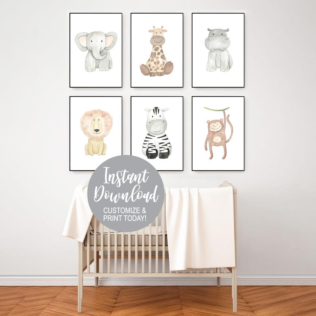 Safari Animals Prints for Nursery, Set of 6, Cute Jungle Nursery Wall ...