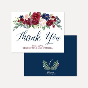 Marine et Blush Automne Mariage Floral Modèle de carte de remerciement - En vrac, modèle de remerciement modifiable, carte de remerciement DIY pour le mariage, merci
