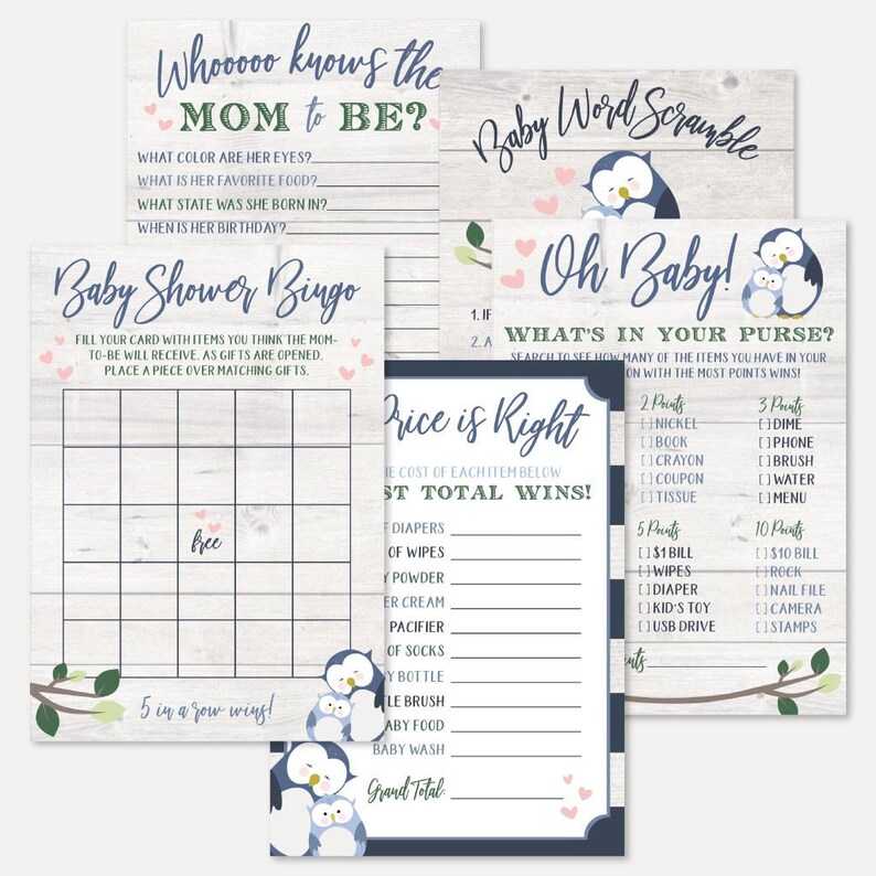 Owl Boy Baby Shower Games Set Template Bingo Word Scramble - Etsy