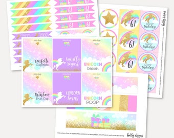 Gold Glitter Unicorn Kids Party Accessories and Decor Package Template - Food Tent Cards, Water Bottle Labels, Cupcake Toppers, Straw Flags