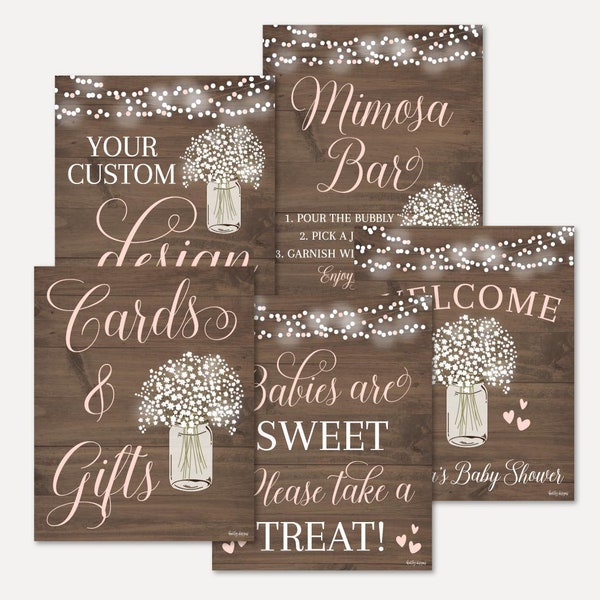 Wood Rustic Floral Girl Baby Shower Signs Set Templates -Mimosa Bar, Welcome, Babies Are Sweet Please Take A Treat, Cards and Gifts, Custom
