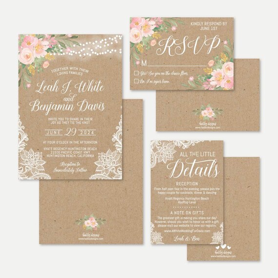 Floral Kraft Lace Rustic Wedding Invitation RSVP and Details Set