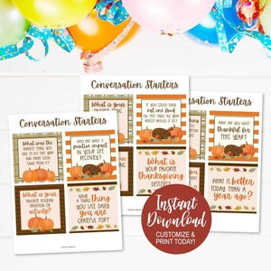May include: Printable Thanksgiving conversation starter cards with a fall theme. The cards feature images of pumpkins, leaves, and a turkey. The text on the cards includes questions like "What is your favorite Thanksgiving dessert?" and "What are you most thankful for this year?"