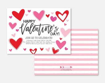 May include: A white card with a pink and red heart design. The text on the card reads "Happy Valentine's Day!" and includes details for a Valentine's Day party. The back of the card has pink and white stripes.