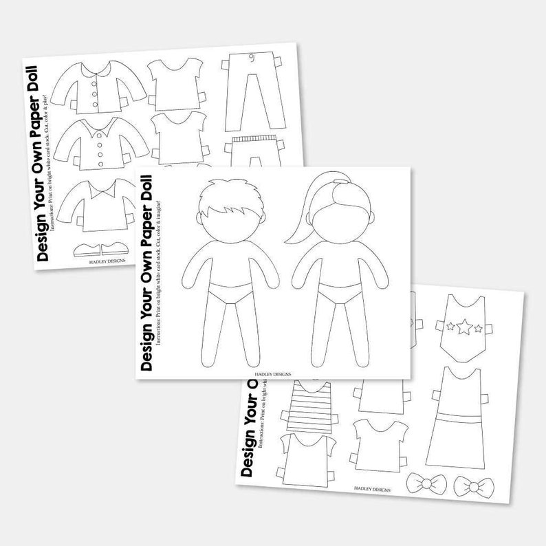 May include: Printable paper doll set with a boy and girl doll, each with multiple clothing options to color and cut out. The set includes a variety of outfits, including shirts, pants, dresses, and accessories.