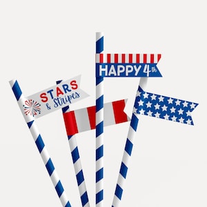 May include: Four red, white and blue striped straws with flags attached. The flags say "Stars & Stripes", "Happy 4th", and have a pattern of white stars on a blue background.