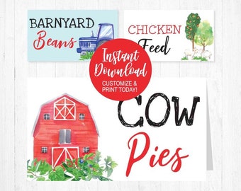 Watercolor Neutral FarmFood Tent Cards, Buffet Tent Cards, Printable Tent Cards, Editable Place Card Template, Food Sign Template