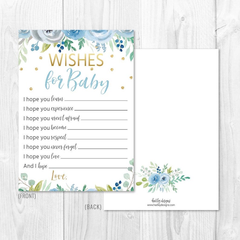 Blue Teal Floral Baby Shower Wishes Card Template Baby Well Etsy