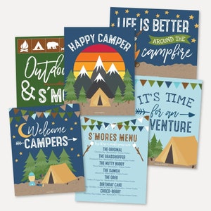 Bearbeitbare Campingschild-Paketvorlagen, enthält Smores-Bevorzugungszeichen, Trail Mix Bar, Adventure Time, Mini-Spiele, Life is Better Sign Prints
