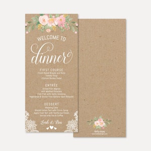 Floral Kraft Lace Rustic Wedding Menu Template - Party Menu Template, 4x9 Editable Printable Dinner Menu, DIY PDF Instant Download Menu