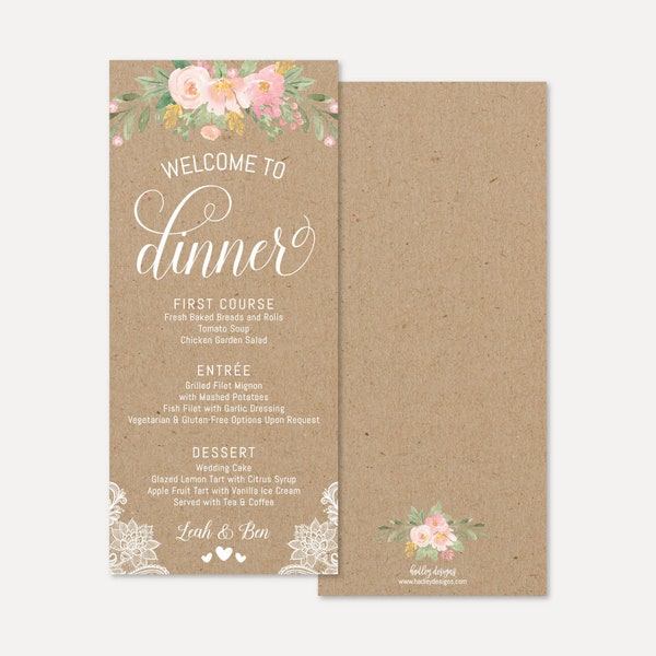 Floral Kraft Lace Rustic Wedding Menu Template - Party Menu Template, 4x9 Editable Printable Dinner Menu, DIY PDF Instant Download Menu