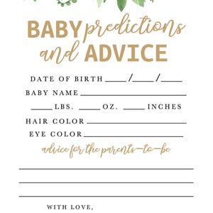 Może przedstawiać: Drukowana karta do gry na baby shower z zieloną obw&oacute;dką z liści. Karta zawiera tekst "BABY predictions and ADVICE" i zawiera miejsca, w kt&oacute;rych goście mogą wpisać swoje przewidywania dotyczące daty urodzenia dziecka, imienia, wagi, długości, koloru włos&oacute;w, koloru oczu i porad dla przyszłych rodzic&oacute;w.