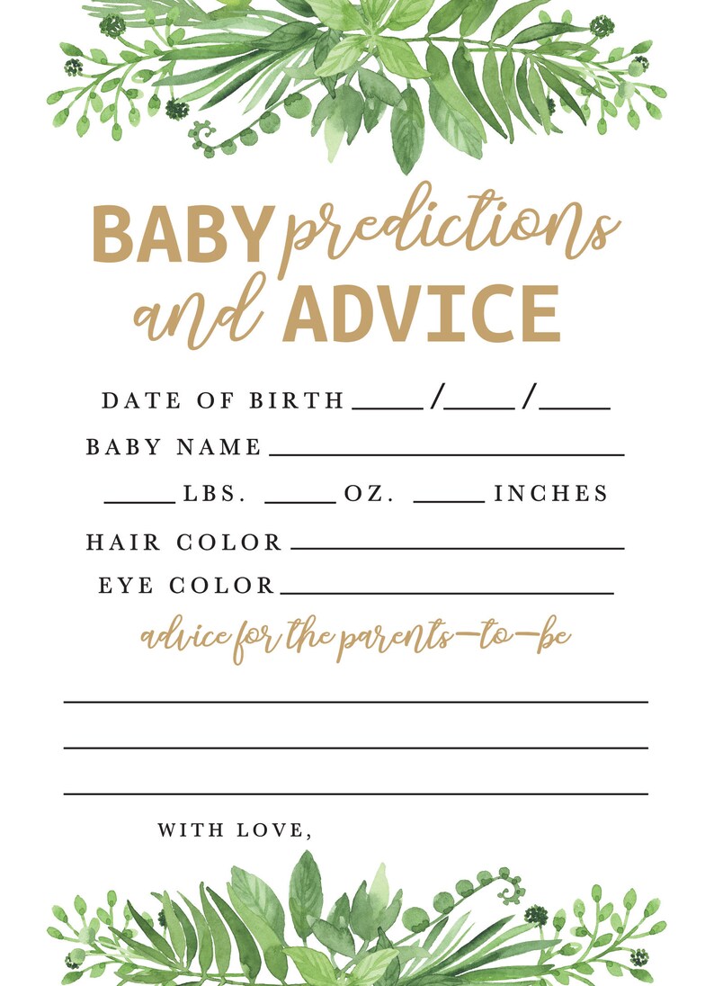 Może przedstawiać: Drukowana karta do gry na baby shower z zieloną obw&oacute;dką z liści. Karta zawiera tekst "BABY predictions and ADVICE" i zawiera miejsca, w kt&oacute;rych goście mogą wpisać swoje przewidywania dotyczące daty urodzenia dziecka, imienia, wagi, długości, koloru włos&oacute;w, koloru oczu i porad dla przyszłych rodzic&oacute;w.