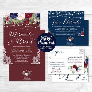 May include: Burgundy and navy blue wedding invitation suite with a floral design. The invitation features a white lace overlay and the text "Miranda & Brent" in a script font. The RSVP card has a floral design and the text "The Details" in a white script font. The text "Instant Download Customize & Print Today!" is also included.