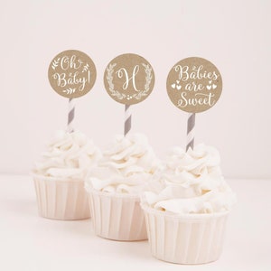 Kraft et Blanc Floral Baby Shower Cupcake Toppers Modèle -Baby Shower Cupcake Décoration, Imprimé Cupcake Topper, Party Cupcake Topper