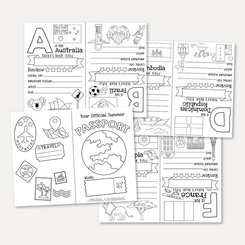 May include: Black and white printable activity book for kids featuring a passport, travel, and different countries. The book includes a page for each country with a letter, a flag, and a space to write about the country. The book also includes a passport page with a space for a name and a world map.
