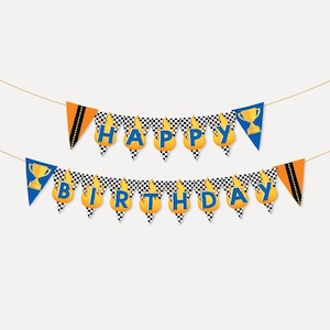 Race Car Happy Birthday Banner Printable, Flame & Checkered Racing Wall Decor, Downloadable Banner Garland, Car Birthday Party for Kid Boys