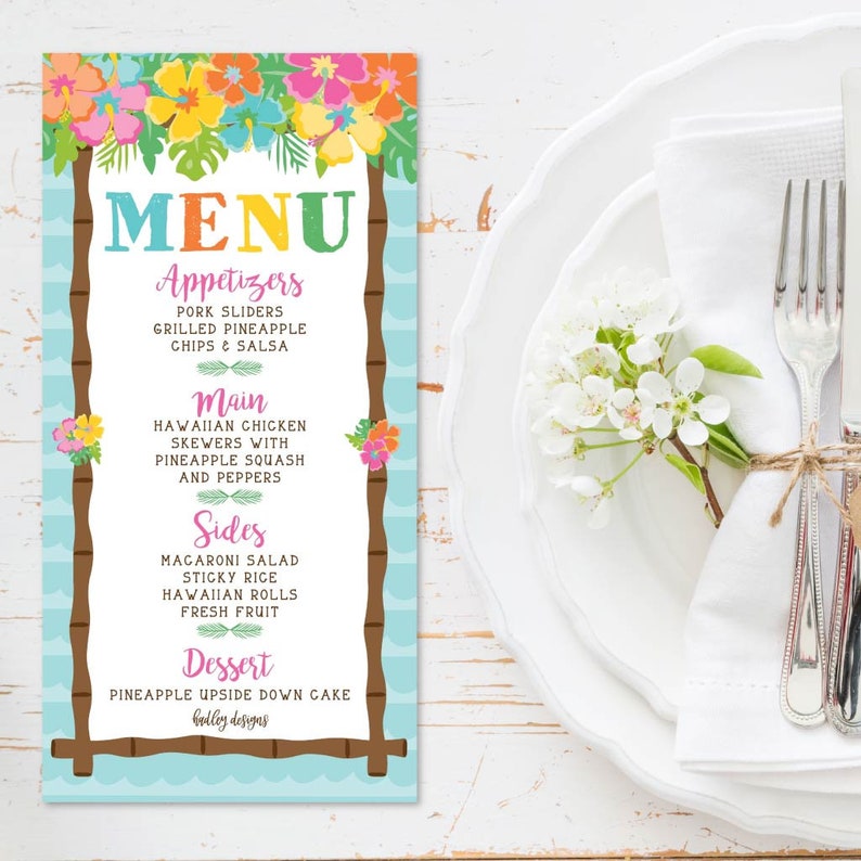Luau Party Menu Card Template Floral Menu Card Luau Menu  Etsy