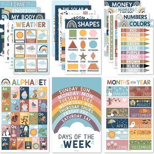 16 carteles educativos bohemios para niños pequeños: carteles de aprendizaje para preescolar de 1 a 3 años, material de educación en casa para jardín de infantes.