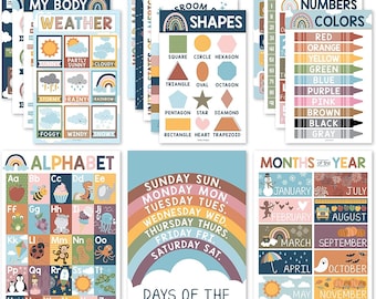 16 Boho Kids Educational Posters For Toddlers - Pre K Learning Posters For Toddlers 1-3, Kindergarten Homeschool Supplies