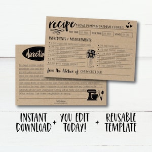 Puede incluir: Tarjeta de receta imprimible con fondo marr&oacute;n y texto negro. La receta es para galletas de avena y calabaza de 1 taz&oacute;n. Los ingredientes y las instrucciones se enumeran en la tarjeta. La tarjeta tambi&eacute;n incluye una peque&ntilde;a ilustraci&oacute;n de una batidora de cocina.