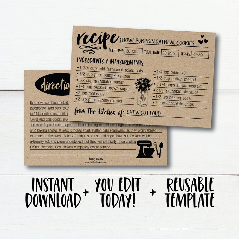 Puede incluir: Tarjeta de receta imprimible con fondo marr&oacute;n y texto negro. La receta es para galletas de avena y calabaza de 1 taz&oacute;n. Los ingredientes y las instrucciones se enumeran en la tarjeta. La tarjeta tambi&eacute;n incluye una peque&ntilde;a ilustraci&oacute;n de una batidora de cocina.