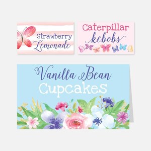 Plantilla de tarjetas de tienda de comida de fiesta para niños de mariposas - Tarjetas de lugar de comida, plantilla de tarjeta de tienda de comida, plantilla de tarjetas de buffet, etiquetas de alimentos imprimibles, digitales