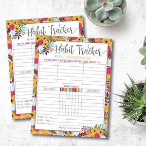 May include: Two printable habit tracker sheets with a floral design. The sheets have a pink and yellow floral border with a white background. The text on the sheets reads "Habit Tracker" and "The Week of My Top Three Goals or Habits and How I Will Achieve Them!"