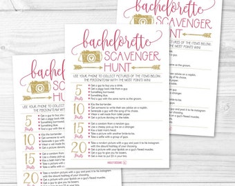 Bachelorette Schnitzeljagd Spiel druckbare Karten, Junggesellinnenabschied rosa und Gold, Scavenger Photo Challenge, DIY Instant Download