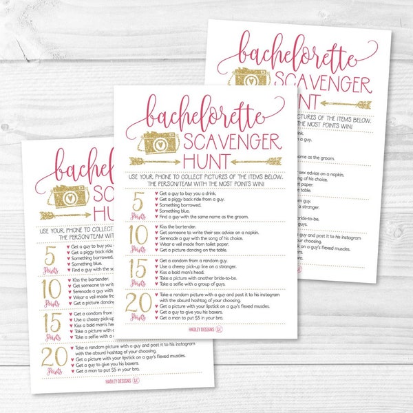 Bachelorette Scavenger Hunt Game Printable Cards, Pink and Gold Bachelorette Hen Party, Scavenger Photo Challenge, DIY Instant Download