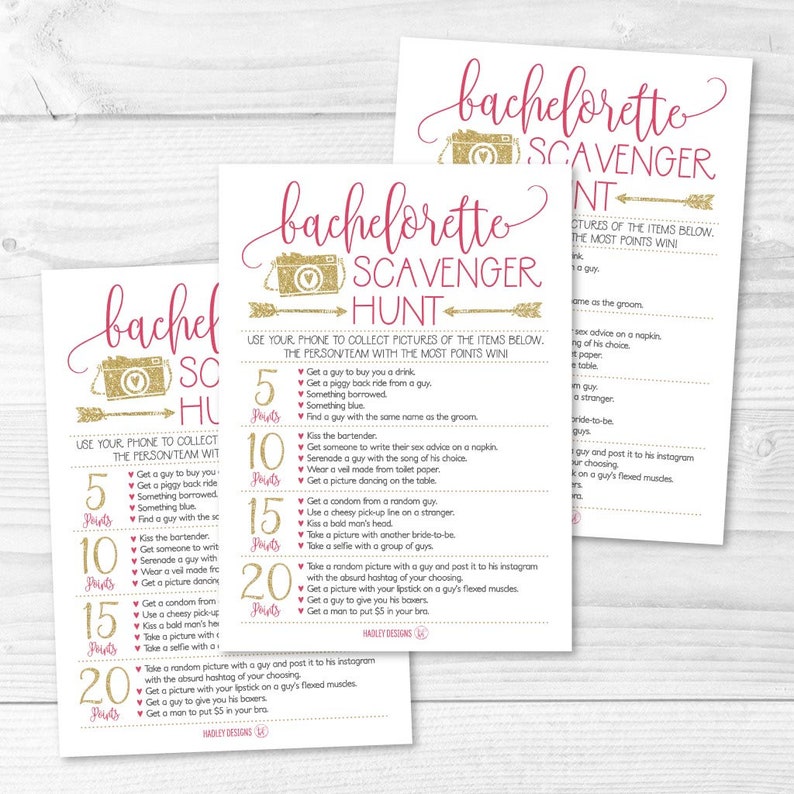 Bachelorette Scavenger Hunt Game Printable Cards, Pink and Gold Bachelorette Hen Party, Scavenger Photo Challenge, DIY Instant Download image 1