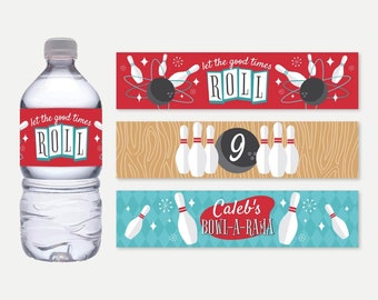 May include: Three printable water bottle labels with a retro bowling theme. The labels feature bowling pins, bowling balls, and the text "Let the good times roll" and "Caleb's Bowi-A-Rama".