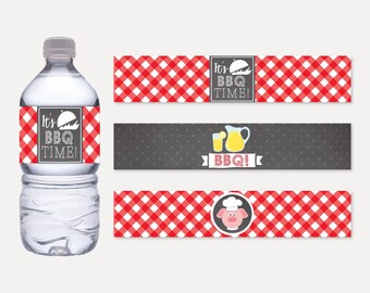 May include: Water bottle labels with a red and white checkered pattern. The labels feature the text "It's BBQ Time!" and images of a grill, a pitcher of lemonade, and a pig wearing a chef's hat.