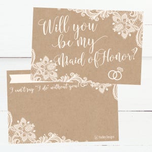 Printable Will You Be My Maid of Honor Card, Kraft Lace Wedding Card, Rustic Maid of Honor Proposal Request Card, Instant PDF Download