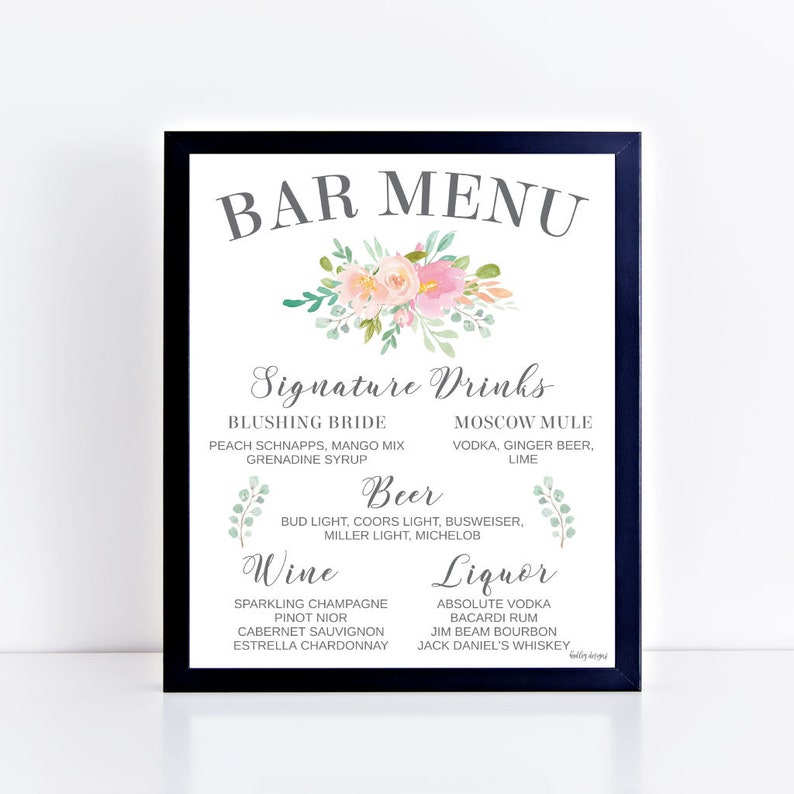 Blush Floral Modern Wedding Bar Menu Sign Template Printable Etsy